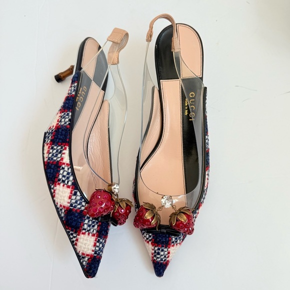 Gucci Navy Red Multicolor Tweed & Plexi Eleanor Strawberry Bamboo Heels EU 39 - Picture 1 of 9